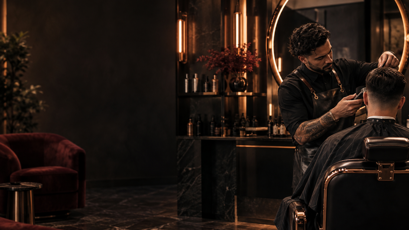 Barbero profesional realizando un corte de cabello en NÓMA
